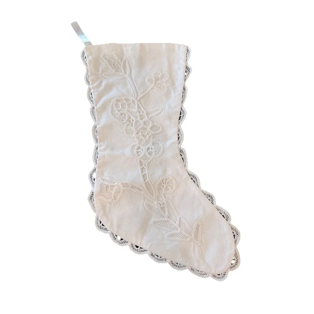 Christmas  Battenberg Lace Stocking White Embroidered Victorian Old World‎ Style